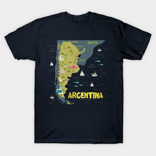 Argentina Illustrated Map T-Shirt by JunkyDotCom